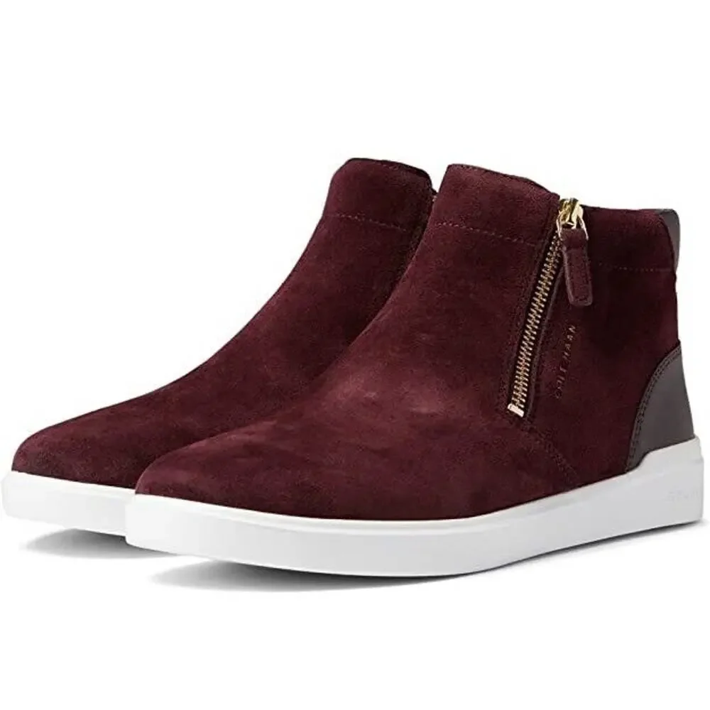 Cole Haan Women Maroon Red Suede Grand Crosscourt Side Zip Sneakers Size 9M